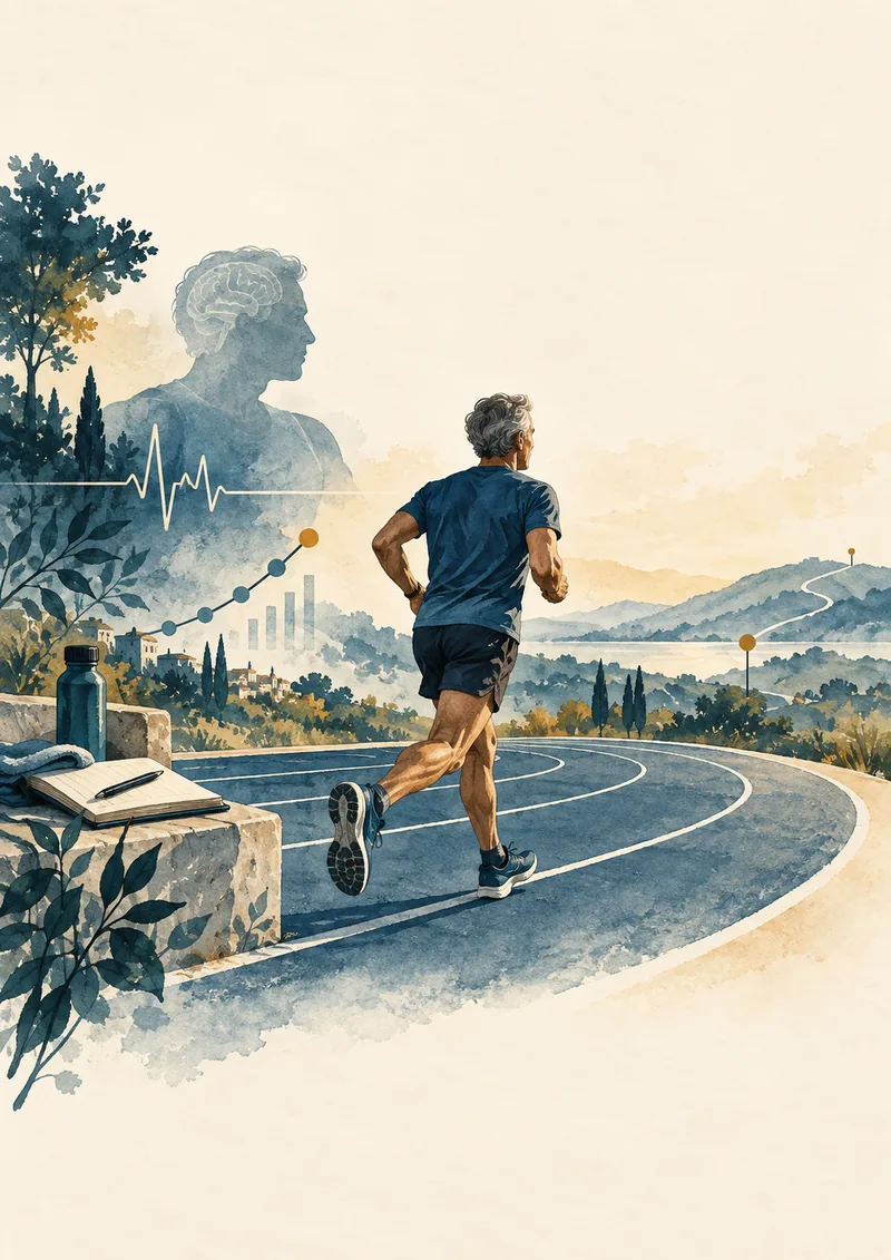 Aguarela do ATLETAMATE: corredor numa pista com a paisagem ao fundo